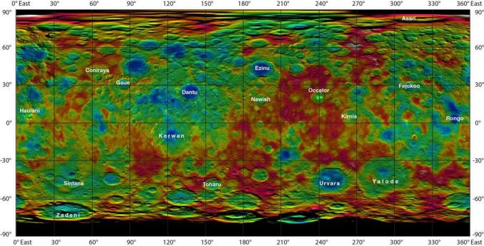 Diese Falschfarbenkarte basiert auf Daten der NASA-Raumsonde Dawn und zeigt die Höhen und Tiefen der Topografie auf der Oberfläche des Zwergplaneten Ceres. (NASA / JPL-Caltech / UCLA / MPS / DLR / IDA)