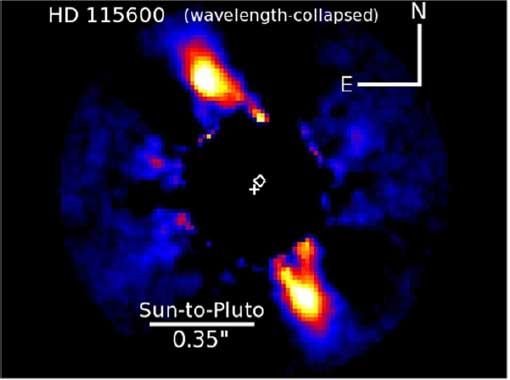 Infrarotbild eines hellen Staub- und Trümmerrings um den Stern HD115600. Der Ring ähnelt dem Kuipergürtel unseres eigenen Sonnensystems. (Currie et al. 2015) Infrarotbild eines hellen Staub- und Trümmerrings um den Stern HD115600. Der Ring ähnelt dem Kuipergürtel unseres eigenen Sonnensystems. (Currie et al. 2015)