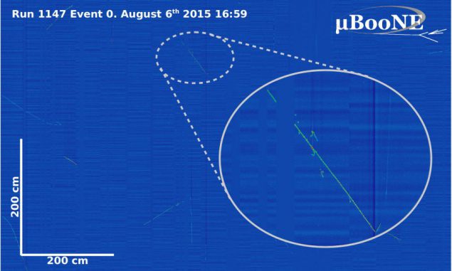 Dieses Bild zeigt das erste Ereignis kosmischer Strahlung, das von MicroBooNE am 6. August 2015 registriert wurde. (Image: MicroBooNE)