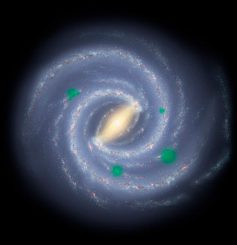In diese schematische Darstellung der Milchstaßen-Galaxie wurden durchsichtige, grüne "Blasen" eingezeichnet, die Gebiete markieren, in denen sich Leben über sein Heimatsystem hinaus ausgebreitet hat, um kosmische Oasen zu bilden. Eine neue Arbeit ergab, dass wir das Muster dieser sogenannten Panspermie registrieren könnten, wenn es auftritt. (NASA / JPL / R. Hurt)