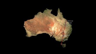 Die Spur der Cosgrove-Vulkankette durch den australischen Kontinent. (Drew Whitehouse, NCI National Facility VizLab)