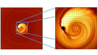 Diese Simulation hilft bei der Erklärung eines seltsamen Lichtsignals, das vermutlich von einem engen Paar verschmelzender Schwarzer Löcher stammt. Das System ist etwa 3,5 Milliarden Lichtjahre entfernt. (Zoltan Haiman, Columbia University)