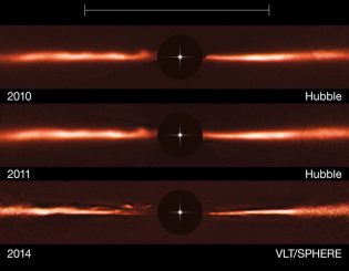 Diese Aufnahmen zeigen die Veränderungen in der Staubscheibe des Sterns AU Microscopii. (ESO, NASA & ESA)