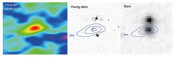 ALMA-Karte der Galaxie PACS-867 mit den Emissionen des Kohlenmonoxidgases, aus dem neue Sterne entstehen. (Left image credit: ALMA (ESO / NAOJ / NRAO), J. Silverman (Kavli IPMU); Center image credit: NASA / ESA Hubble Space Telescope, ALMA (ESO / NAOJ / NRAO), J. Silverman (Kavli IPMU); Right image credit: NASA / Spitzer Space Telescope, ALMA (ESO / NAOJ / NRAO), J. Silverman (Kavli IPMU)