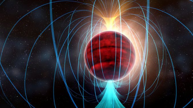 Künstlerische Darstellung des roten Zwergsterns TVLM 513-46546. ALMA-Beobachtungen deuten darauf hin, dass er ein unglaublich starkes Magnetfeld besitzt, hier gekennzeichnet durch die blauen Linien. (NRAO / AUI / NSF; Dana Berry / SkyWorks)