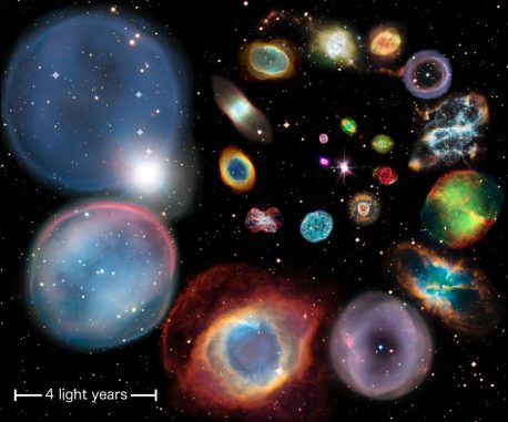 Eine Kollage aus 22 planetarischen Nebeln, die in der Reihenfolge ihrer physikalischen Größe angeordnet sind. Die Größe der Nebel wurde mit der neuen Methode berechnet, die auf Nebel aller Größen, Formen und Helligkeiten anwendbar ist. (ESA / Hubble & NASA, ESO, Ivan Bojicic, David Frew, Quentin Parker)