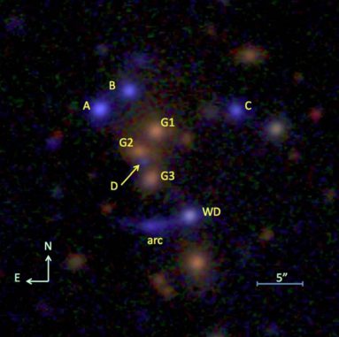 Optische Aufnahme des Quasars SDSSJ1029+2623. Ein Galaxienhaufen agiert als Gravitationslinse und erzeugt mehrere Abbilder dieses Objekts. Astronomen haben Zeitverzögerungen in den Abbildern registriert, die durch die verschiedenen kosmologischen Bahnen des Lichts im Weltraum entstehen. (Dahle and the Nordic Optical Telescope)