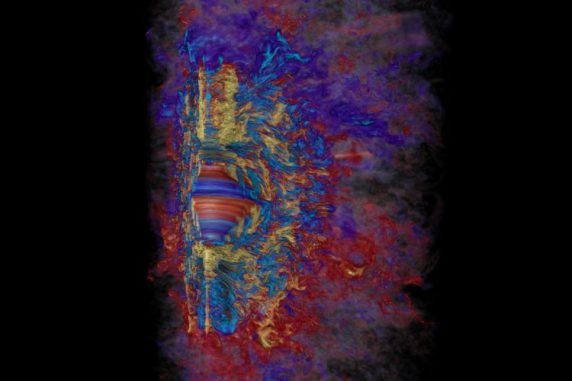 Simulation des toroidalen Magnetfeldes in einem kollabierten, massereichen Stern. Die schnelle, differentielle Rotation verstärkt das Magnetfeld binnen 10 Millisekunden auf das eine Million Milliardenfache des Sonnenmagnetfeldes (gelb ist positiv, hellblau negativ). Rot und Blau repräsentieren schwächere positive und negative Magnetfelder. (Robert R. Sisneros (NCSA) and Philipp Mösta) Simulation des toroidalen Magnetfeldes in einem kollabierten, massereichen Stern. Die schnelle, differentielle Rotation verstärkt das Magnetfeld binnen 10 Millisekunden auf das eine Million Milliardenfache des Sonnenmagnetfeldes (gelb ist positiv, hellblau negativ). Rot und Blau repräsentieren schwächere positive und negative Magnetfelder. (Robert R. Sisneros (NCSA) and Philipp Mösta)