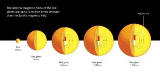 Sterne wie die Sonne blähen sich am Ende ihres Lebens auf und werden zu Roten Riesen. Rote Riesen mit 1,5-2 Sonnenmassen verfügen häufig über starke innere Magnetfelder. (University of Sydney)