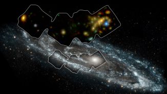 Der umrandete Bereich markiert das Gebiet der Andromeda-Galaxie, das von NuSTAR in energiereichen Röntgenwellenlängen beobachtet wurde, siehe kleines Bild. (NASA / JPL-Caltech / GSFC)