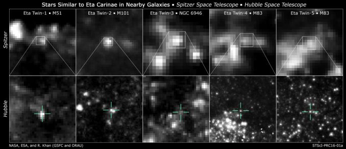 Die fünf Kandidaten für Zwillinge des Systems Eta Carinae. Die obere Reihe zeigt die Spitzer-Aufnahmen der Kandidaten, in der unteren Reihe sind die Hubble-Bilder zu sehen. (NASA, ESA, and R. Khan (GSFC and ORAU))