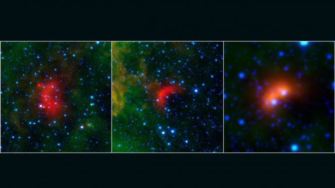 Die roten Strukturen sind die Bow Shocks von massereichen Sternen, die sich schnell durch den interstellaren Raum bewegen. (NASA / JPL-Caltech / University of Wyoming)