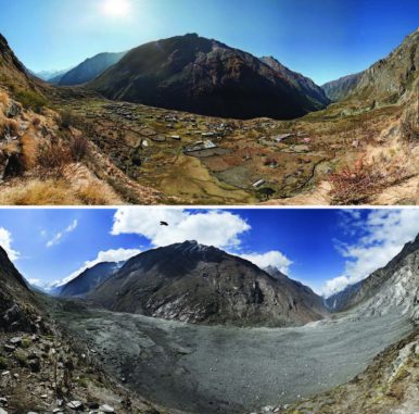 Vorher-Nachher-Bilder des Langtang Valley in Nepal. Sie zeigen die nahezu vollständige Zerstörung des Ortes Langtang durch einen gewaltigen Erdrutsch, der durch das Gorkha-Erdbeben im April 2015 ausgelöst wurde. Die Fotos wurden 2012 und 2015 gemacht. (David Breahshears / GlacierWorks)