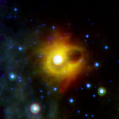 Spitzer-Aufnahme der Umgebung um den Magnetar SGR 1900+14 in infraroten Wellenlängen. (NASA / JPL-Caltech) Spitzer-Aufnahme der Umgebung um den Magnetar SGR 1900+14 in infraroten Wellenlängen. (NASA / JPL-Caltech)