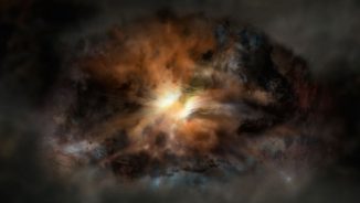 Künstlerische Illustration der Galaxie W2246-0526, der hellsten bekannten Galaxie. (NRAO / AUI / NSF; Dana Berry / SkyWorks; ALMA (ESO / NAOJ / NRAO)