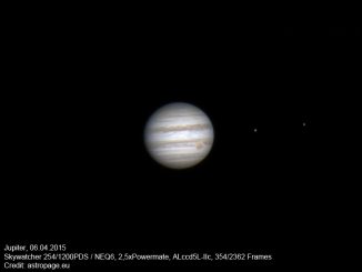 Der Gasriese Jupiter am 6. April 2015, erstellt aus einem Video mit 2.362 Einzelbildern. (astropage.eu)