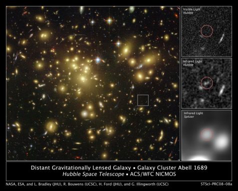 Der Galaxienhaufen Abell 1689, aufgenommen vom Weltraumteleskop Hubble. Die kleinen Bilder zeigen die Position der weit entfernten Galaxie A1689-zD1. (Hubble / ACS / WFC NICMOS, NASA, ESA, and L. Bradley (JHU), R Bouwens (UCSC), H. Ford (JHU), and G. Illingworth (UCSC))