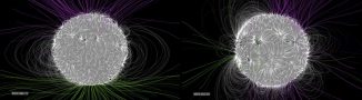 Dieser Vergleich zeigt die relative Komplexität des solaren Magnetfeldes im Januar 2011 (links) und im Juli 2014 (rechts). Im Januar 2011, drei Jahre nach dem solaren Minimum, ist das Feld relativ einfach gestaltet. Im solaren Maximum im Juli 2014 ist seine Struktur viel komplexer - ideale Bedingungen für Sonneneruptionen. (NASA / Goddard Space Flight Center / Bridgman)