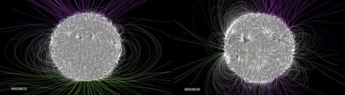 Dieser Vergleich zeigt die relative Komplexität des solaren Magnetfeldes im Januar 2011 (links) und im Juli 2014 (rechts). Im Januar 2011, drei Jahre nach dem solaren Minimum, ist das Feld relativ einfach gestaltet. Im solaren Maximum im Juli 2014 ist seine Struktur viel komplexer - ideale Bedingungen für Sonneneruptionen. (NASA / Goddard Space Flight Center / Bridgman) Dieser Vergleich zeigt die relative Komplexität des solaren Magnetfeldes im Januar 2011 (links) und im Juli 2014 (rechts). Im Januar 2011, drei Jahre nach dem solaren Minimum, ist das Feld relativ einfach gestaltet. Im solaren Maximum im Juli 2014 ist seine Struktur viel komplexer - ideale Bedingungen für Sonneneruptionen. (NASA / Goddard Space Flight Center / Bridgman)