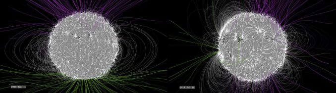 Dieser Vergleich zeigt die relative Komplexität des solaren Magnetfeldes im Januar 2011 (links) und im Juli 2014 (rechts). Im Januar 2011, drei Jahre nach dem solaren Minimum, ist das Feld relativ einfach gestaltet. Im solaren Maximum im Juli 2014 ist seine Struktur viel komplexer - ideale Bedingungen für Sonneneruptionen. (NASA / Goddard Space Flight Center / Bridgman)