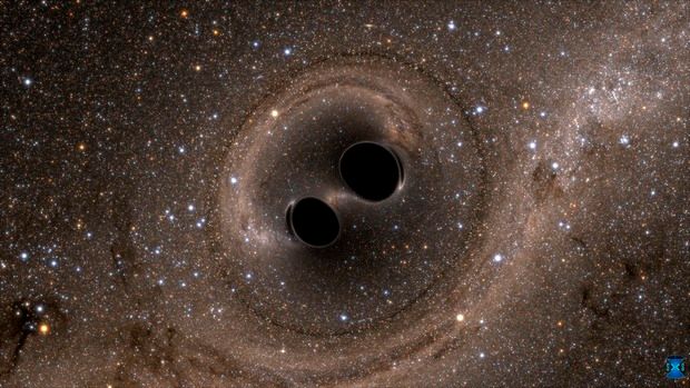 Computersimulation zweier Schwarzer Löcher, die miteinander verschmelzen. (LIGO Science Collaboration / Caltech / MIT)