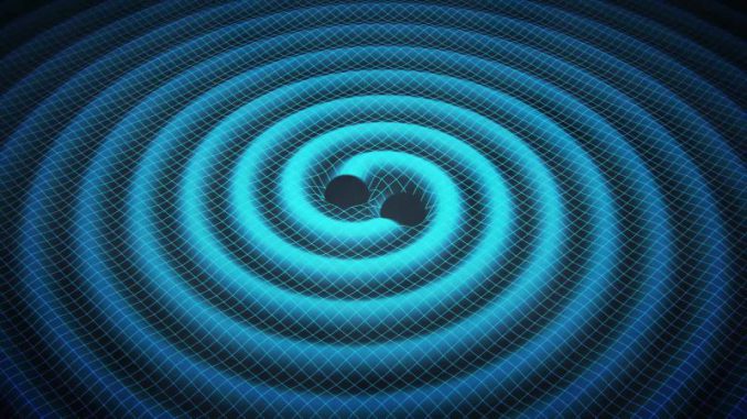 Illustration der beiden einander umkreisenden Schwarzen Löcher und ihrer emittierten Gravitationswellen. (Swinburne Astronomy Productions)