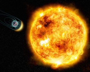 Künstlerische Darstellung des jungen Sterns Kappa Ceti mit einem potenziellen umkreisenden Planeten. Die Größen und der Abstand der Himmelskörper sind nicht maßstabsgerecht. (M. Weiss / CfA)