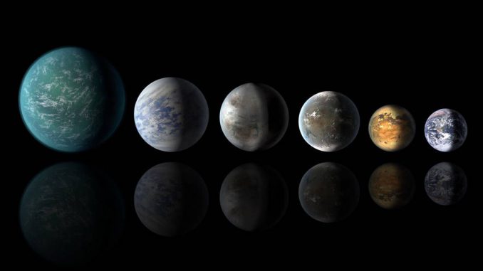 Diese Illustration zeigt mehrere bekannte Exoplaneten, die in den habitablen Zonen ihrer Zentralsterne liegen, verglichen mit der Erde (rechts). Von links nach rechts: Kepler-22b, Kepler-69c, Kepler-452b, Kepler-62f, Kepler-186f und unsere eigene Erde. (NASA / Ames / JPL-Caltech)