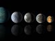 Diese Illustration zeigt mehrere bekannte Exoplaneten, die in den habitablen Zonen ihrer Zentralsterne liegen, verglichen mit der Erde (rechts). Von links nach rechts: Kepler-22b, Kepler-69c, Kepler-452b, Kepler-62f, Kepler-186f und unsere eigene Erde. (NASA / Ames / JPL-Caltech)