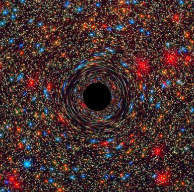 Dieses von einem Computer simulierte Bild zeigt ein supermassives Schwarzes Loch im Kern einer Galaxie. Die schwarze Region im Zentrum repräsentiert den Ereignishorizont des Schwarzen Lochs, wo kein Licht seiner Gravitationskraft entkommen kann. Die Gravitation verzerrt den Raum und das Licht der Sterne im Hintergrund. (NASA, ESA, and D. Coe, J. Anderson, and R. van der Marel (STScI))