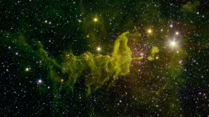 Infrarotansicht des Spinnennebels IC 417, basierend auf Daten des Weltraumteleskops Spitzer und des 2MASS Survey. (NASA / JPL-Caltech / 2MASS) Infrarotansicht des Spinnennebels IC 417, basierend auf Daten des Weltraumteleskops Spitzer und des 2MASS Survey. (NASA / JPL-Caltech / 2MASS)