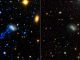 Diese Bilder zeigen die Galaxie IC 3418. Der Schweif ist allerdings nur im Ultraviolettbereich zu sehen. (NASA/JPL-Caltech)