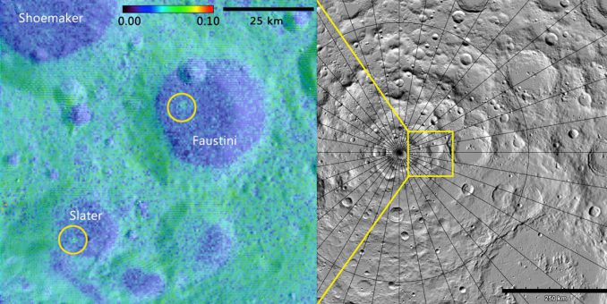 Neue Daten des LAMP-Instruments haben zwei geologisch junge Einschlagkrater auf dem Mond enthüllt. Einer ist rund 16 Millionen Jahre alt (rechts), der andere zwischen 75 und 420 Millionen Jahre (links). Einer von ihnen liegt im Krater Slater, benannt nach dem verstorbenen Dr. David C. Slater, der das LAMP-Instrument entwarf und konstruierte. (Albedo map credit: NASA GSFC / SwRI; Topographic map credit: NASA GSFC / ASU J moon)