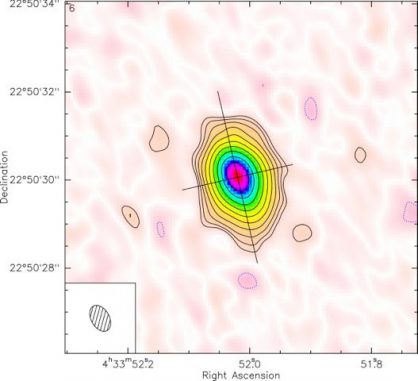 Diese Falschfarbenaufnahme zeigt die Gas- und Staubscheibe um den Stern CI Tau in Submillimeterwellenlängen. (Image courtesy of Stephane Guilloteau / University of Bordeaux)