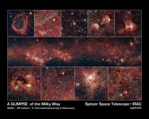 Infrarotpanorama eines Teils der galaktischen Ebene, basierend auf Daten des Weltraumteleskops Spitzer. (NASA / JPL-Caltech / University of Wisconsin)