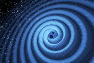 Diese künstlerische Illustration zeigt die Verschmelzung zweier Schwarzer Löcher und die von ihnen emittierten Gravitationswellen. In Wirklichkeit würde die Region in der Nähe der Schwarzen Löcher hochgradig verzerrt erscheinen, und die Gravitationswellen wären viel zu klein, um optisch beobachtet zu werden. (Image: T. Pyle / LIGO)