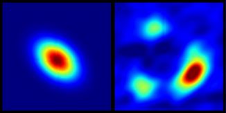 Links: Rekonstruktion des radioleisen Quasars HS0810+2554 nach der Korrektur der Verzerrungen. Rechts: Die Daten des VLA zeigen, wie die Quelle nach der Passage der verzerrenden Galaxie aussieht. (N. Jackson / NRAO)