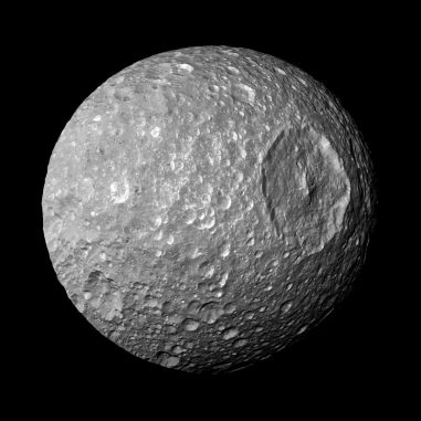 Der Saturnmond Mimas, aufgenommen von der NASA-Raumsonde Cassini. (NASA / JPL-Caltech / Space Science Institute) Der Saturnmond Mimas, aufgenommen von der NASA-Raumsonde Cassini. (NASA / JPL-Caltech / Space Science Institute)