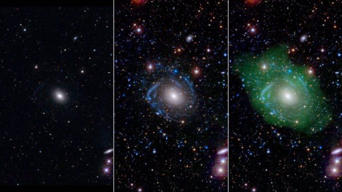 In sichtbarem Licht (links) scheint UGC 1382 eine normale elliptische Galaxie zu sein. Ultraviolettdaten und tiefere optische Daten (Mitte) offenbaren Spiralarme. Dünn verteiltes Wasserstoffgas (rechts in grün dargestellt) zeigt, dass die Galaxie tatsächlich sehr groß ist. (NASA / JPL / Caltech / SDSS / NRAO / L. Hagen and M. Seibert)