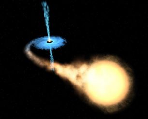 Künstlerische Darstellung eines Röntgenstrahlung emittierenden Doppelsternsystems mit einem Schwarzen Loch. (NASA / ESA)