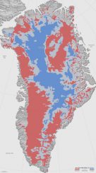 Neue Karte des Grönländischen Eisschildes. Sie zeigt, ob der Boden des Eisschildes wahrscheinlich getaut (rot) oder wahrscheinlich gefroren (blau) ist. Unsichere Gebiete sind grau markiert. (NASA Earth Observatory / Jesse Allen)