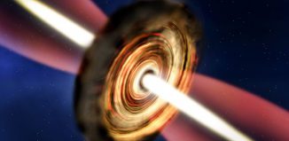 Künstlerische Darstellung der Scheibe und Jets um den massereichen jungen Stern. (A. Smith, Institute of Astronomy, Cambridge)