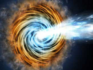 Von Schwarzen Löchern mit Energie versorgte Galaxien sind die häufigsten Quellen, die vom Fermi Gamma-ray Space Telescope registriert werden. Sie erzeugen Jets, die in entgegengesetzte Richtungen senkrecht zur Materiescheibe abgestoßen werden. Wenn ein solcher Jet in Richtung Erde zeigt, wird das Objekt als Blazar klassifiziert. (M. Weiss / CfA)