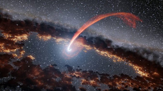 Diese Illustration zeigt einen leuchtenden Materiestrom von einem Stern, der von einem supermassiven Schwarzen Loch verschluckt wird - ein Tidal Disruption Event. (NASA / JPL-Caltech)