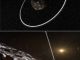 Oben: Illustration des Zentauren Chariklo mit seinen Ringen. (ESO / L. Calçada / M. Kornmesser / Nick Risinger (skysurvey.org)). Unten: Künstlerische Darstellung der Ringe, betrachtet von der Oberfläche Chariklos. (ESO / L. Calçada / Nick Risinger (skysurvey.org))