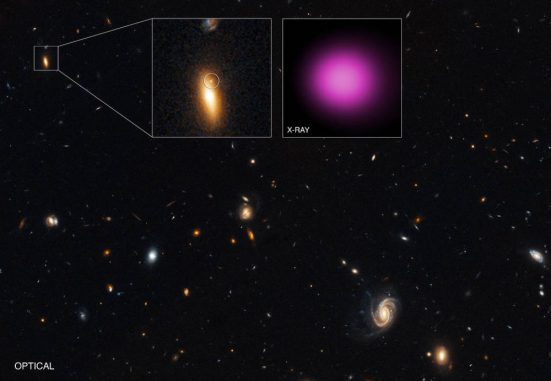 Die hyperleuchtkräftige Röntgenquelle XJ1417+52 in Hubbles Nahansicht (oben links) und Chandras Röntgenansicht (oben rechts). (X-ray: NASA / CXC / UNH / D.Lin et al; Optical: NASA / STScI) Die hyperleuchtkräftige Röntgenquelle XJ1417+52 in Hubbles Nahansicht (oben links) und Chandras Röntgenansicht (oben rechts). (X-ray: NASA / CXC / UNH / D.Lin et al; Optical: NASA / STScI)