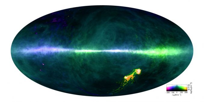 Die HI4PI-Karte zeigt Gas mit verschiedenen Geschwindigkeiten. Die Ebene der Milchstraßen-Galaxie verläuft horizontal durch die Bildmitte. Die Magellanschen Wolken befinden sich unten rechts. (Benjamin Winkel, Max Planck Institute, and the HI4PI collaboration)