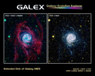 Die Pinwheel-Galaxie M83 in Ultraviolett (rechts) und ein Kompositbild von ihr in UV- und Radiowellenlängen (links) (NASA / JPL-Caltech / VLA / MPIA)