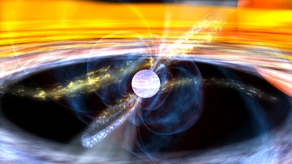 Illustration eines Pulsars, der Materie von einem nahen Stern abzieht (NASA)