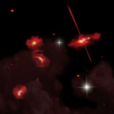 Künstlerische Darstellung der vier extrem roten Galaxien, die fast 13 Milliarden Lichtjahre von der Erde entfernt sind. (David A. Aguilar (CfA)) Künstlerische Darstellung der vier extrem roten Galaxien, die fast 13 Milliarden Lichtjahre von der Erde entfernt sind. (David A. Aguilar (CfA))